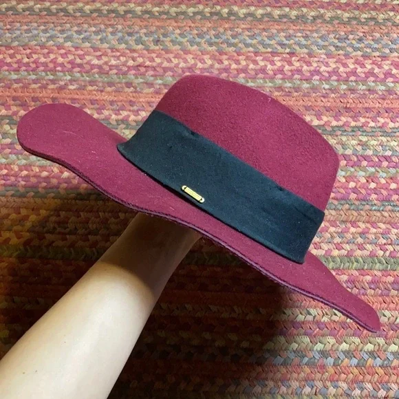 MAROON ABERCROMBIE FELT WIDE BRIMMED BOHO HAT - Picture 2 of 5